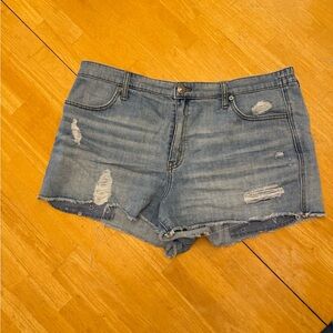 aerie Blue Jean Shorts with Distressed Look and Raw Hem